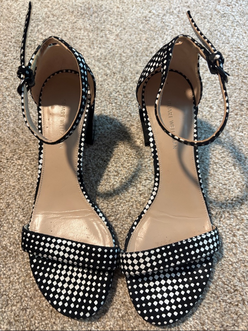 Stuart Weitzman Black and White Polka Dot Ankle-Strap Block Heels